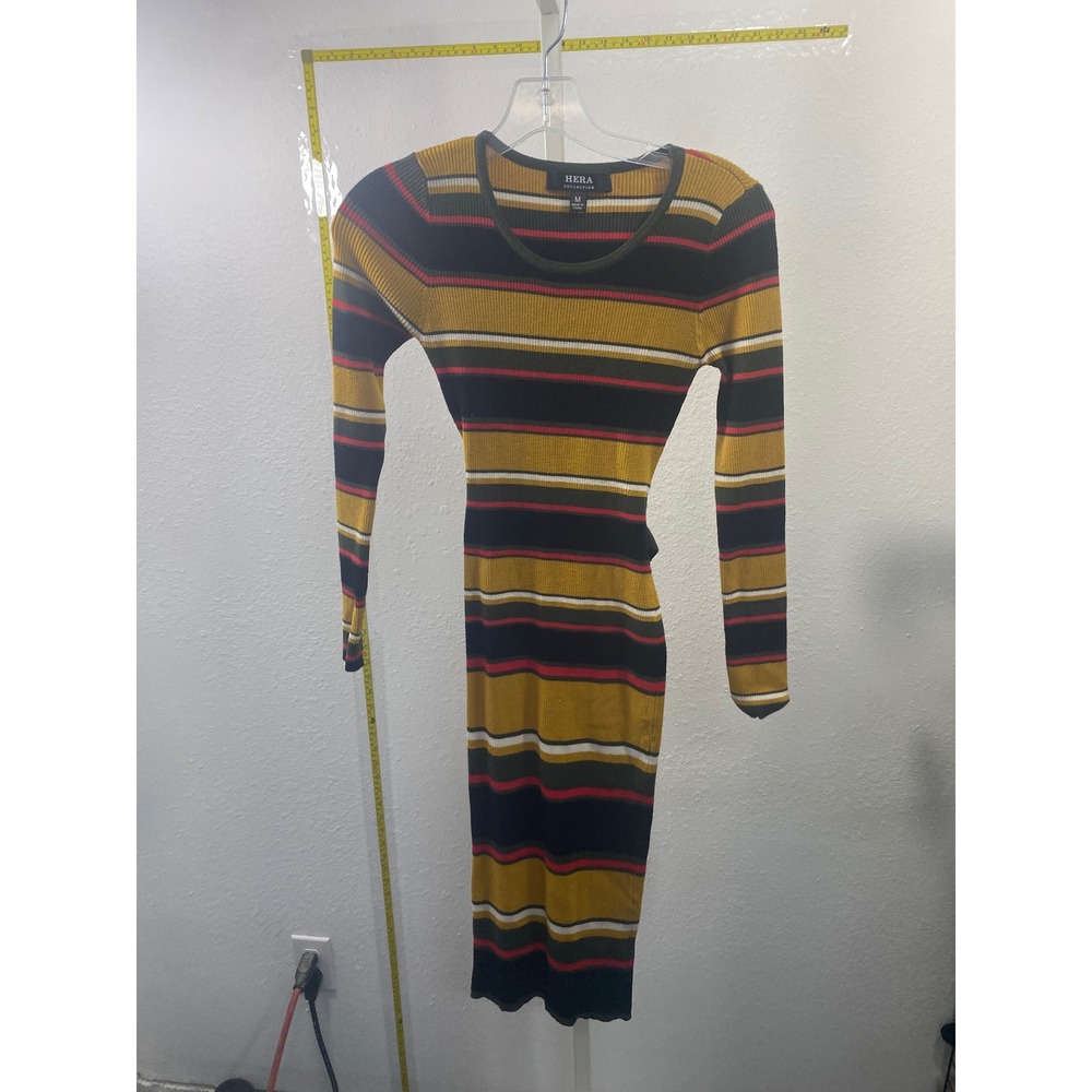Hera Collection Striped Ribbed Knit Midi‎ Dress Long Sleeve Tie Waist Mustard M